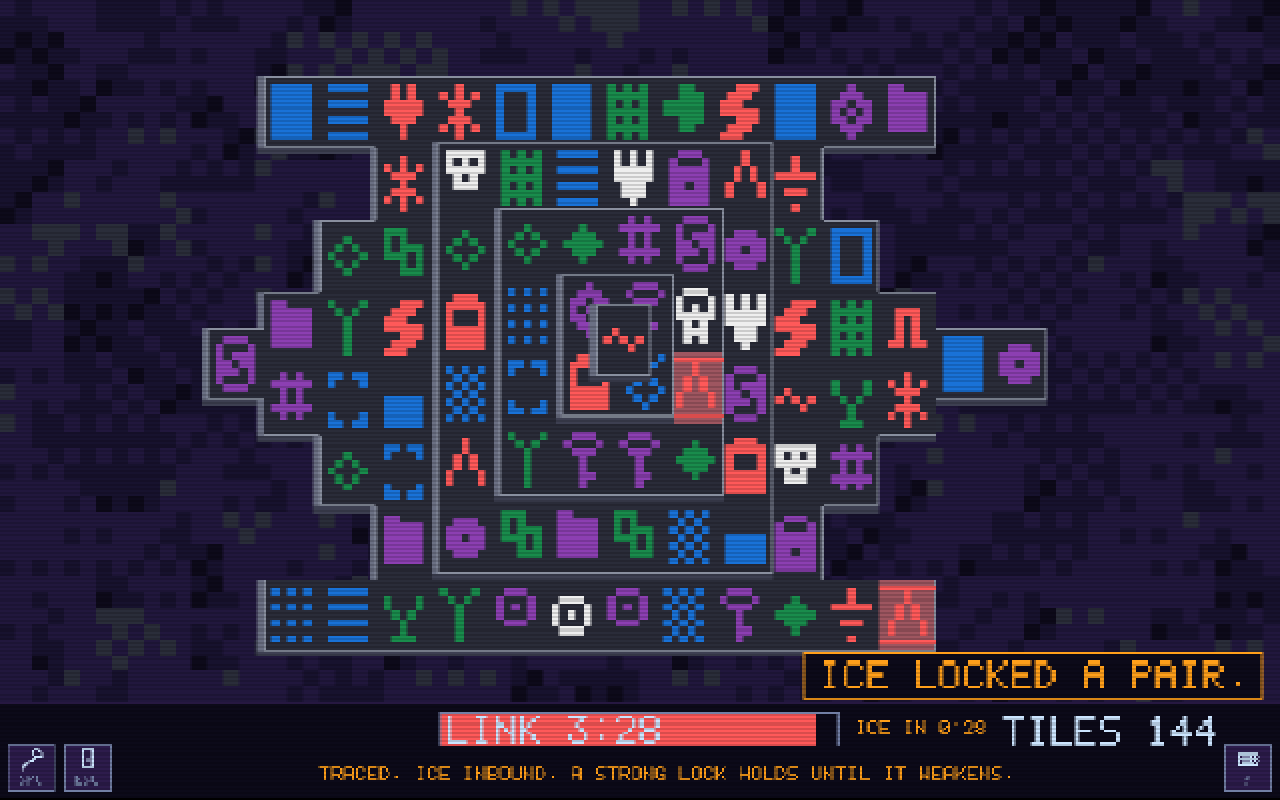 A STACK board in Crash The Stack: a Mahjongg layout of neon pixel-art tiles, with the ICE locking a pair and the trace timer running.