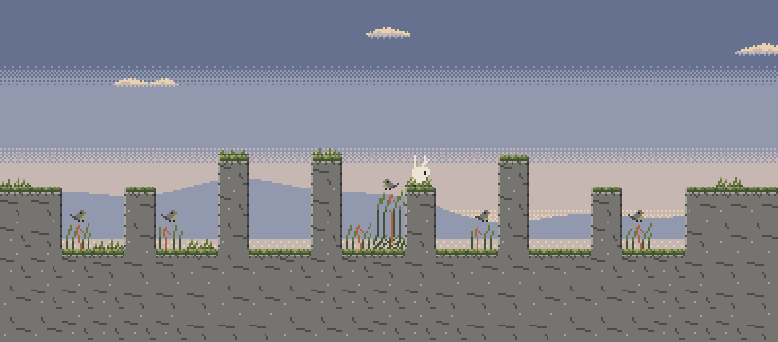 A small white long-eared creature standing on one of a ring of old standing stones in the Hollow at dawn, with small birds perched on the reeds between them.